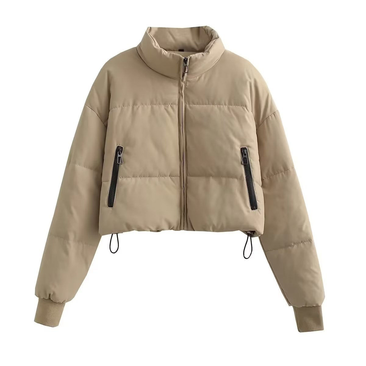 Women's Cropped Puffer Jacket with High Collar and Zipper Pockets
