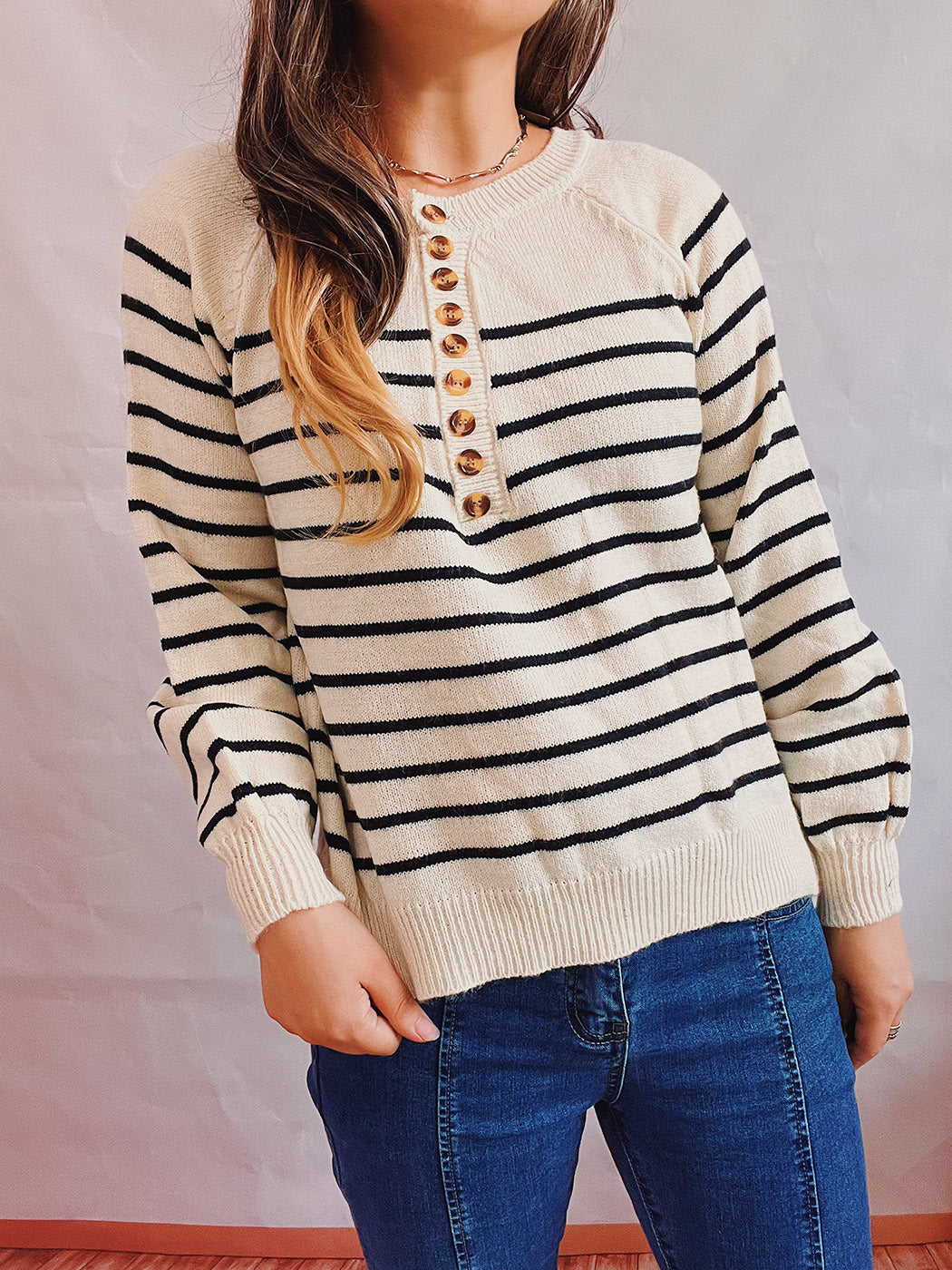 Women's Striped Knit Sweater with Button Details and Casual Fit