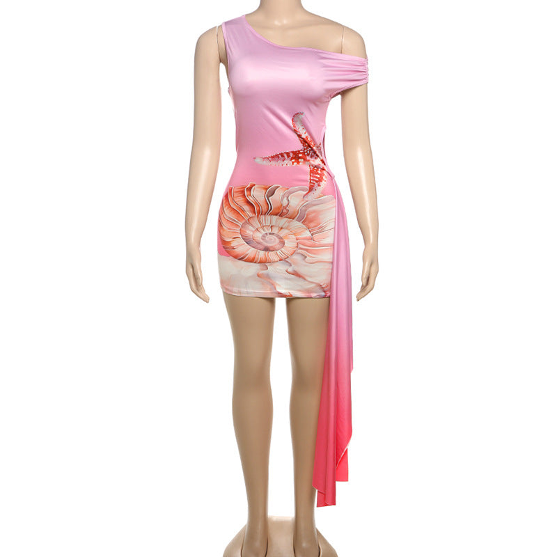 Women's One-Shoulder Beach Dress with Maritime Motif