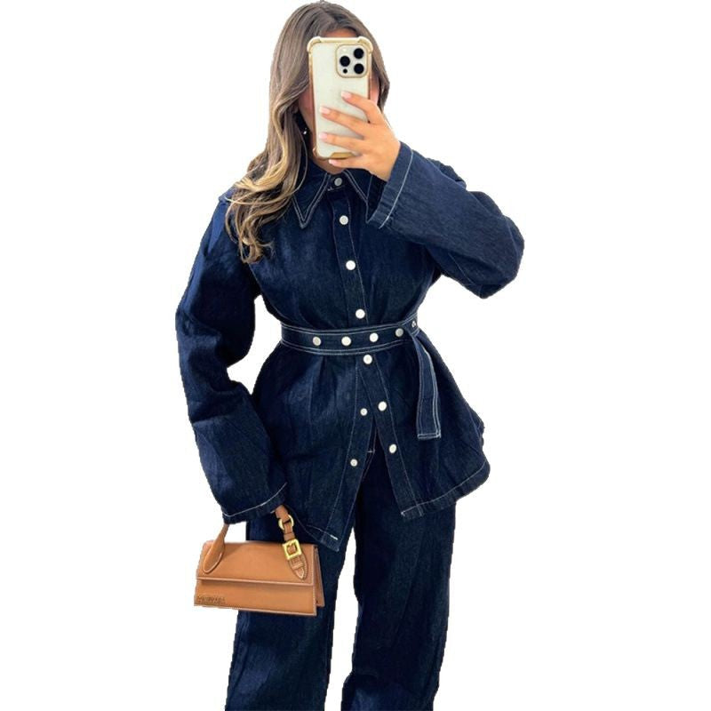 Women's Vintage-Style Denim Blazer Set with Waist Belt