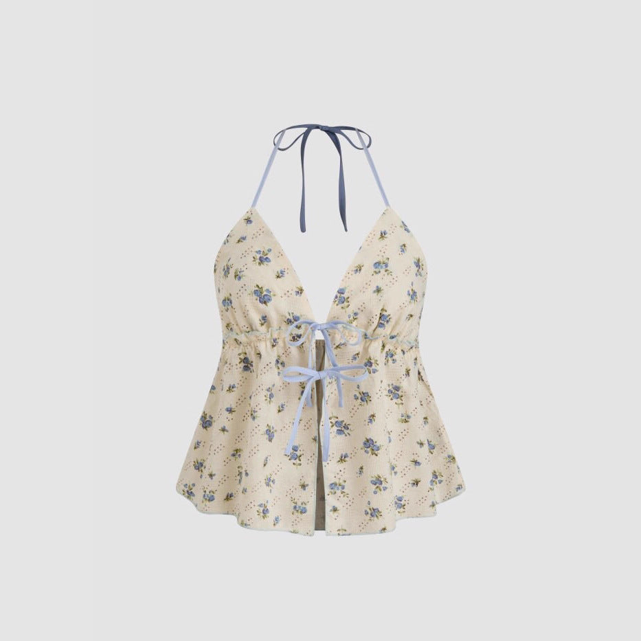 Women's Airy Blouse with Floral Print and Adjustable Drawstring