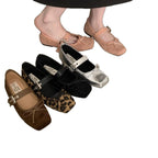 Women's Soft Suede Ballet Flats with Adjustable Strap and Decorative Bow