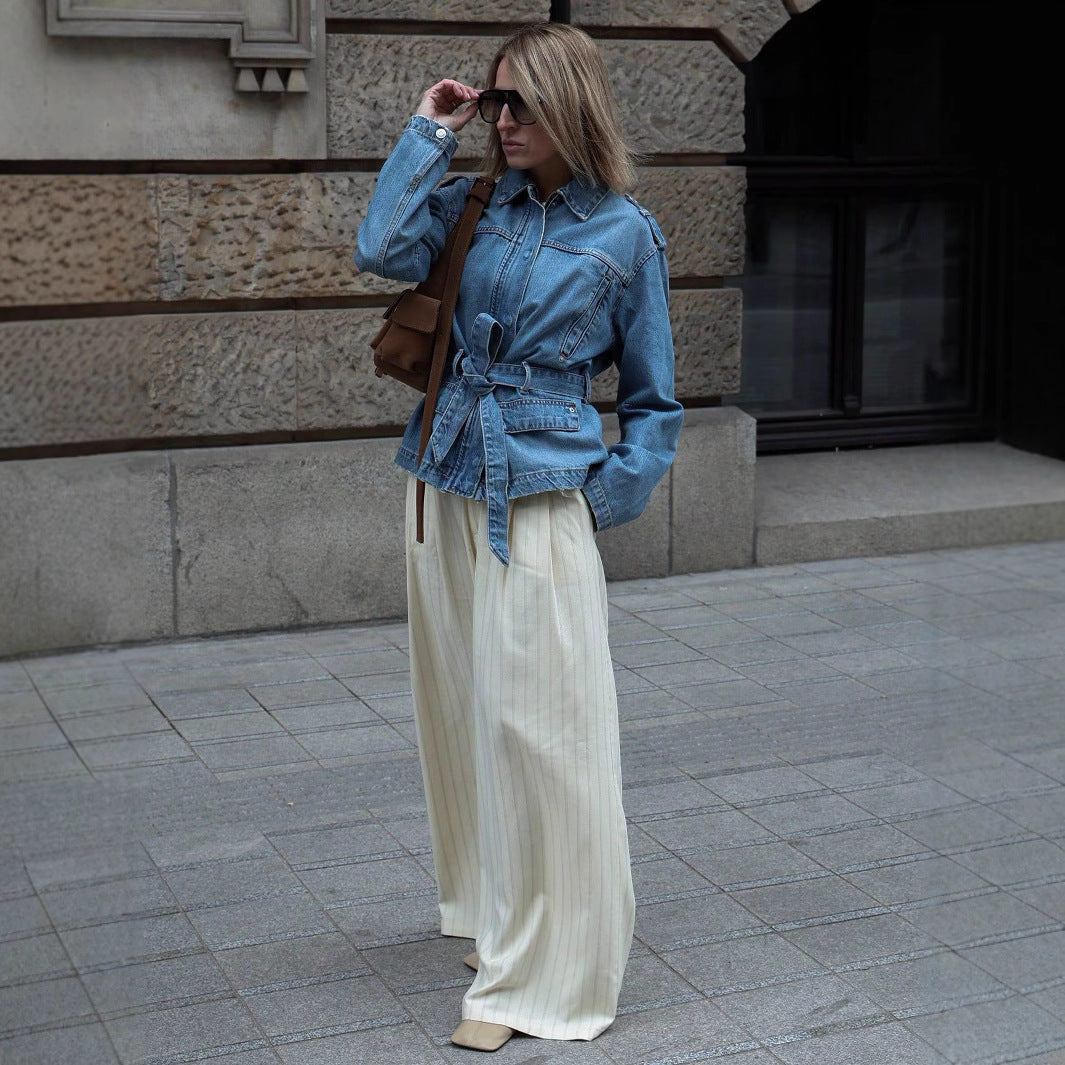 Women's Elegant Denim Jacket with Adjustable Waist