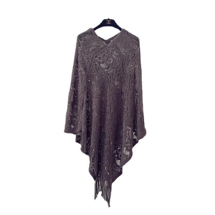 Women's Crochet Poncho with Fringed Edges and Fine Openwork Pattern