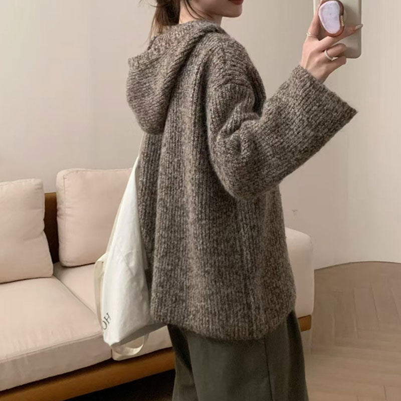 Women's Comfortable Knit Sweater with Button Placket and Hood