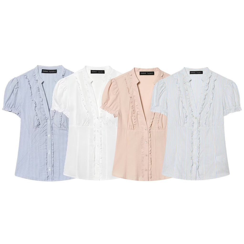 Women's Blouse with Ruffle Details and Fine Stripes