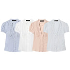 Women's Blouse with Ruffle Details and Fine Stripes