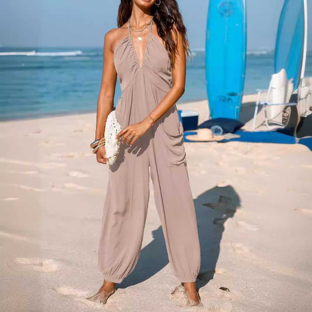 Casual Women's Jumpsuit with Deep Neckline and Pockets
