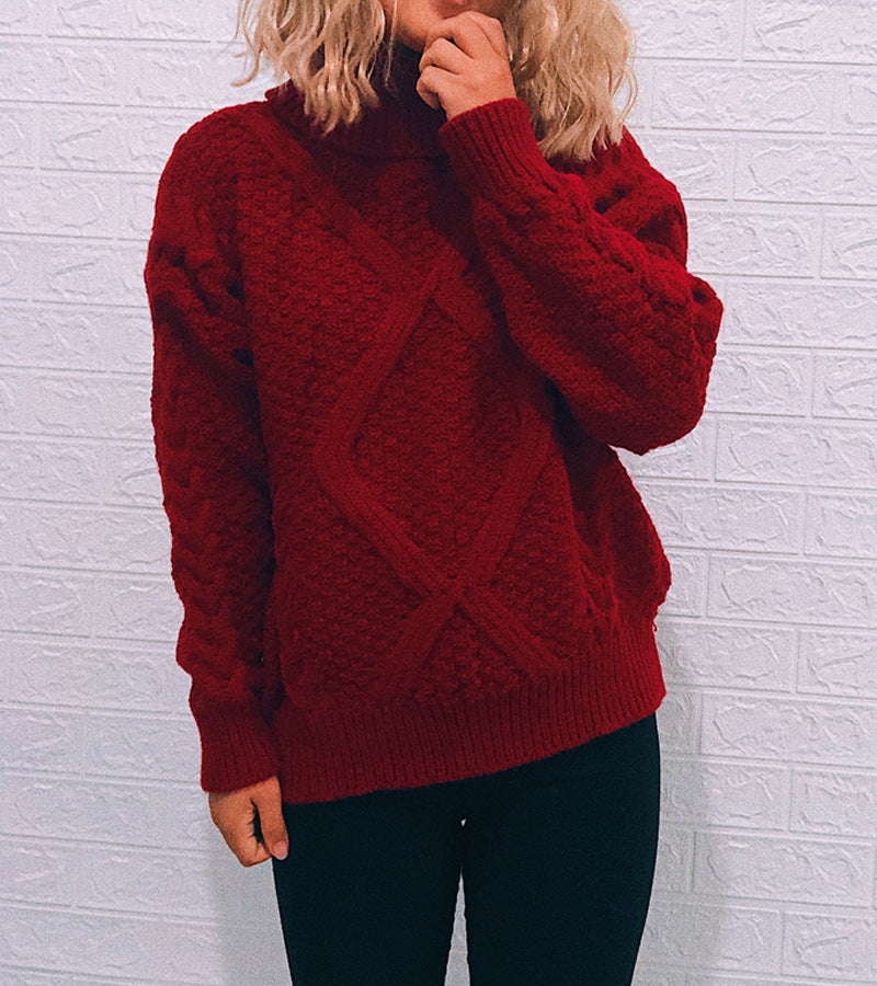 Women's Chunky Knit Sweater with Cable Pattern and High Collar