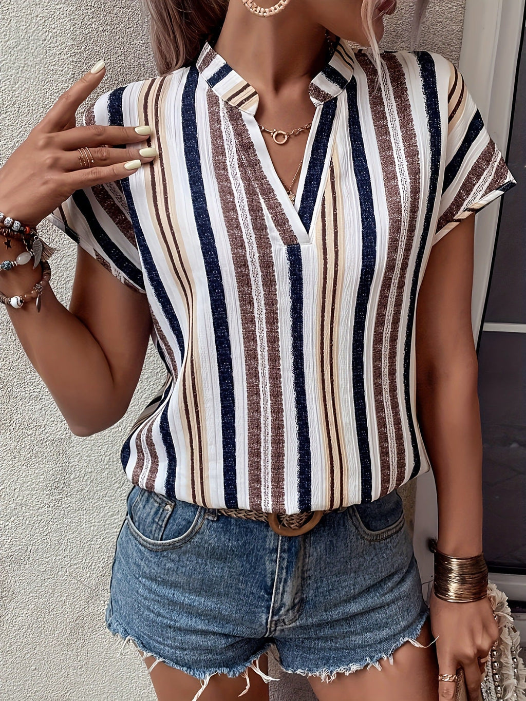 Women's Short-Sleeve Striped Blouse with Elegant Collar