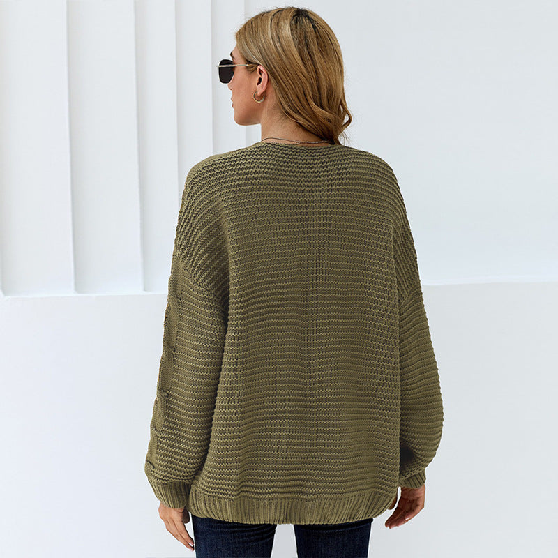 Women's Chunky Knit Cardigan with Creative Cable Patterns and Casual Fit