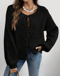 Women's Cozy Knit Sweater with Decorative Lace-Up Detail and Wide Sleeves