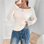Women's Chunky Knit Sweater with Open Shoulder and Cable Knit Pattern