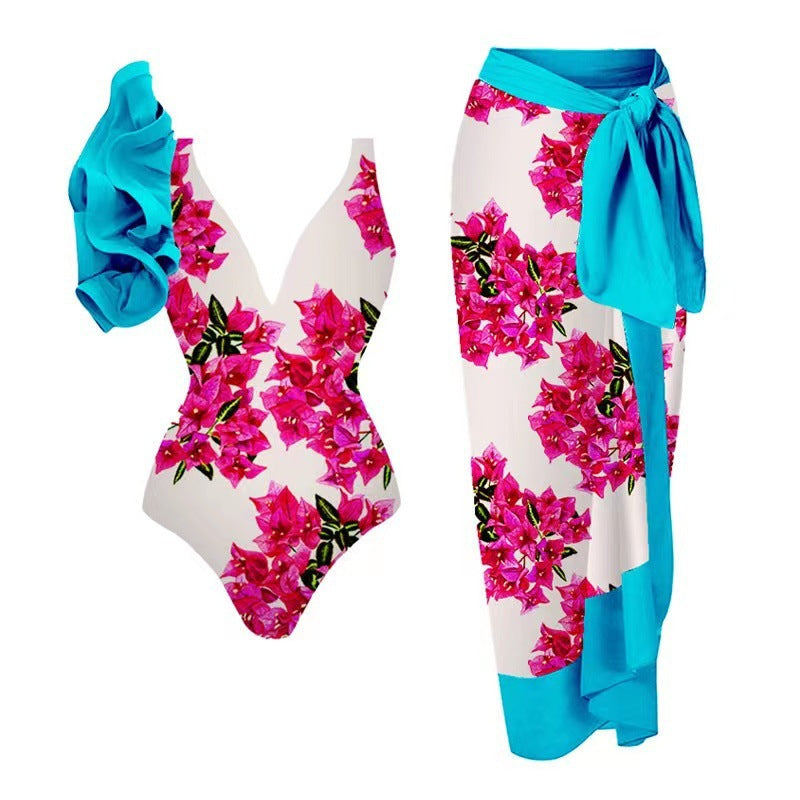Women's Swimsuit Set with Floral Design and Elegant Wrap Skirt