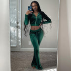 Women's Comfortable Velour Lounge Set with Zip-Up Top and Wide Leg