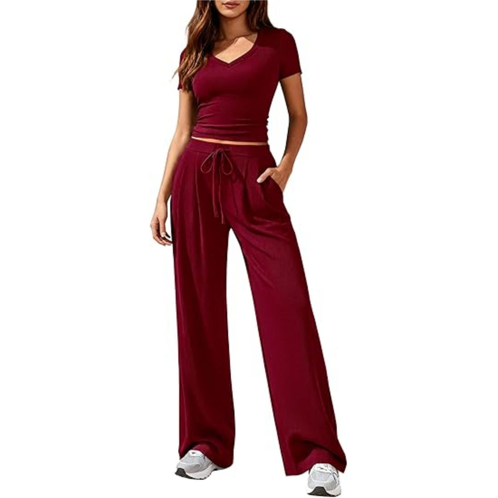 Ladies Casual Lounge Set with Tailored V-Neck Cropped Top and Loose Drawstring Pants
