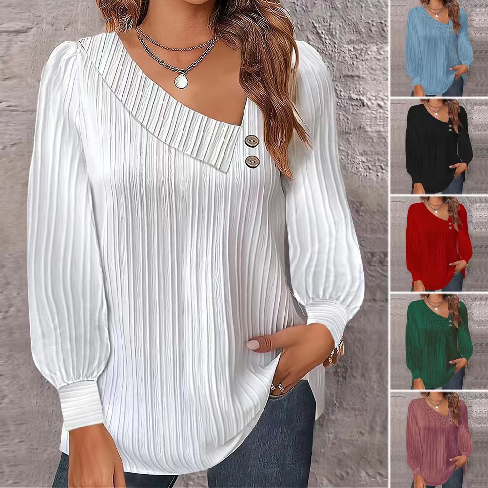 Women's Casual Blouse with Asymmetric Collar and Decorative Buttons