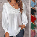 Women's Casual Blouse with Asymmetric Collar and Decorative Buttons