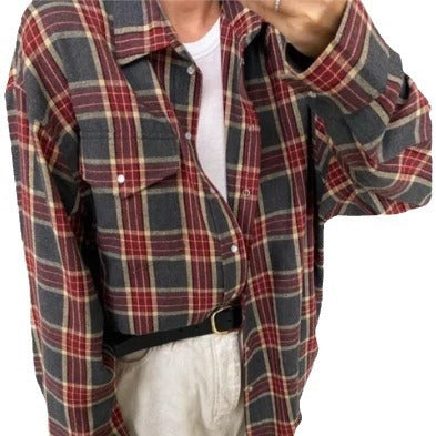 Women's Cozy Plaid Shirt with High Collar and Button Closure