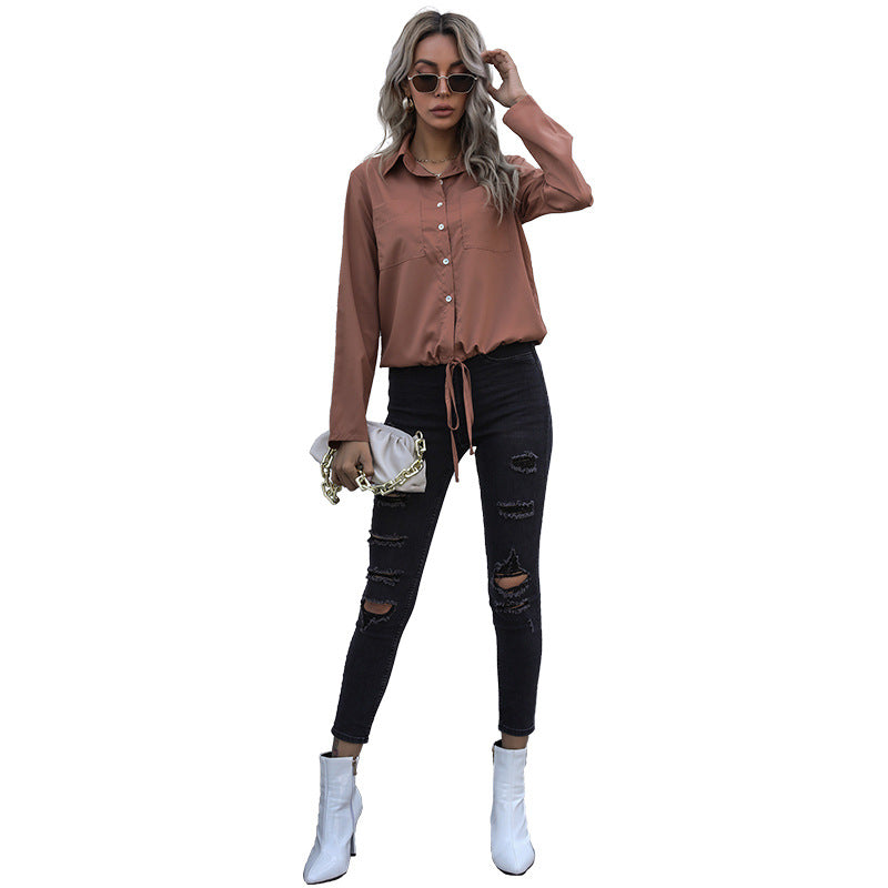 Elegant Blouse with Tie-Front and Chest Pockets