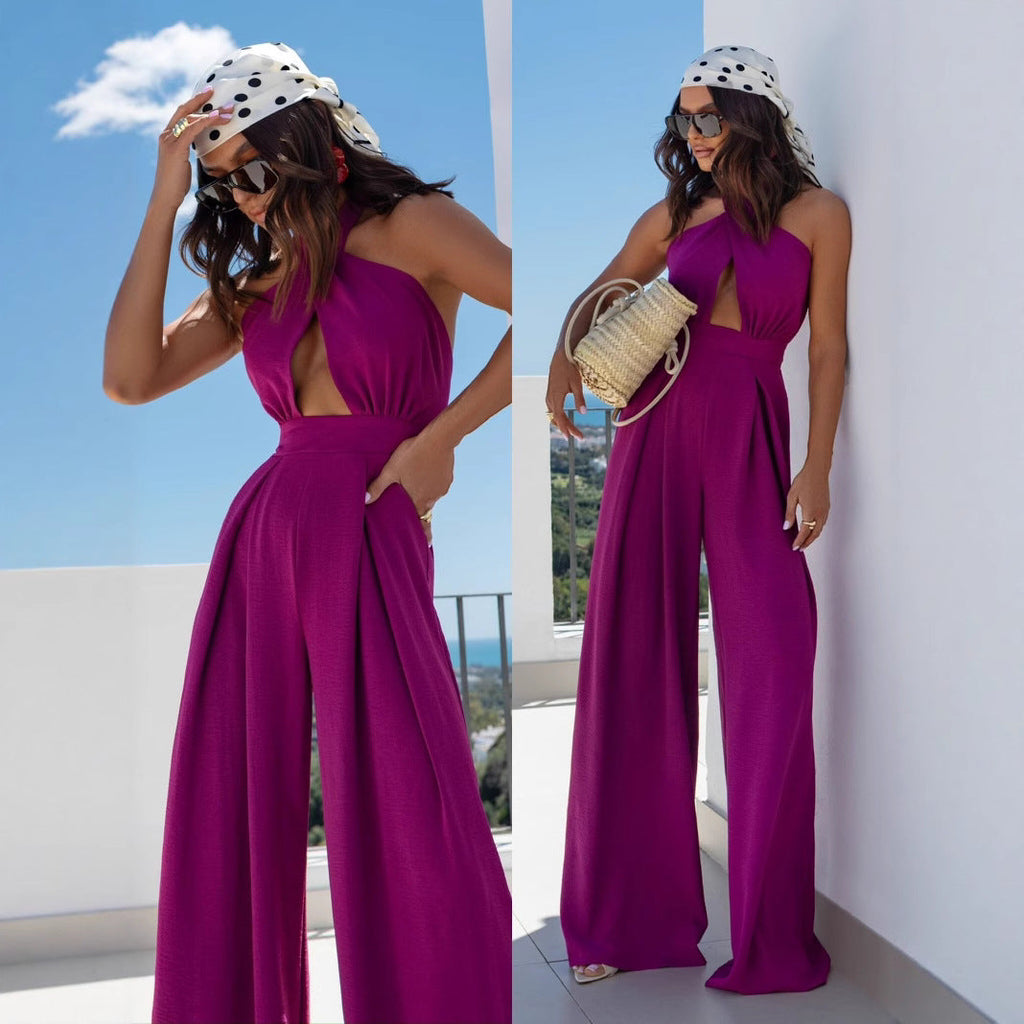 Women's Deep V-Neck Wide-Leg Jumpsuit