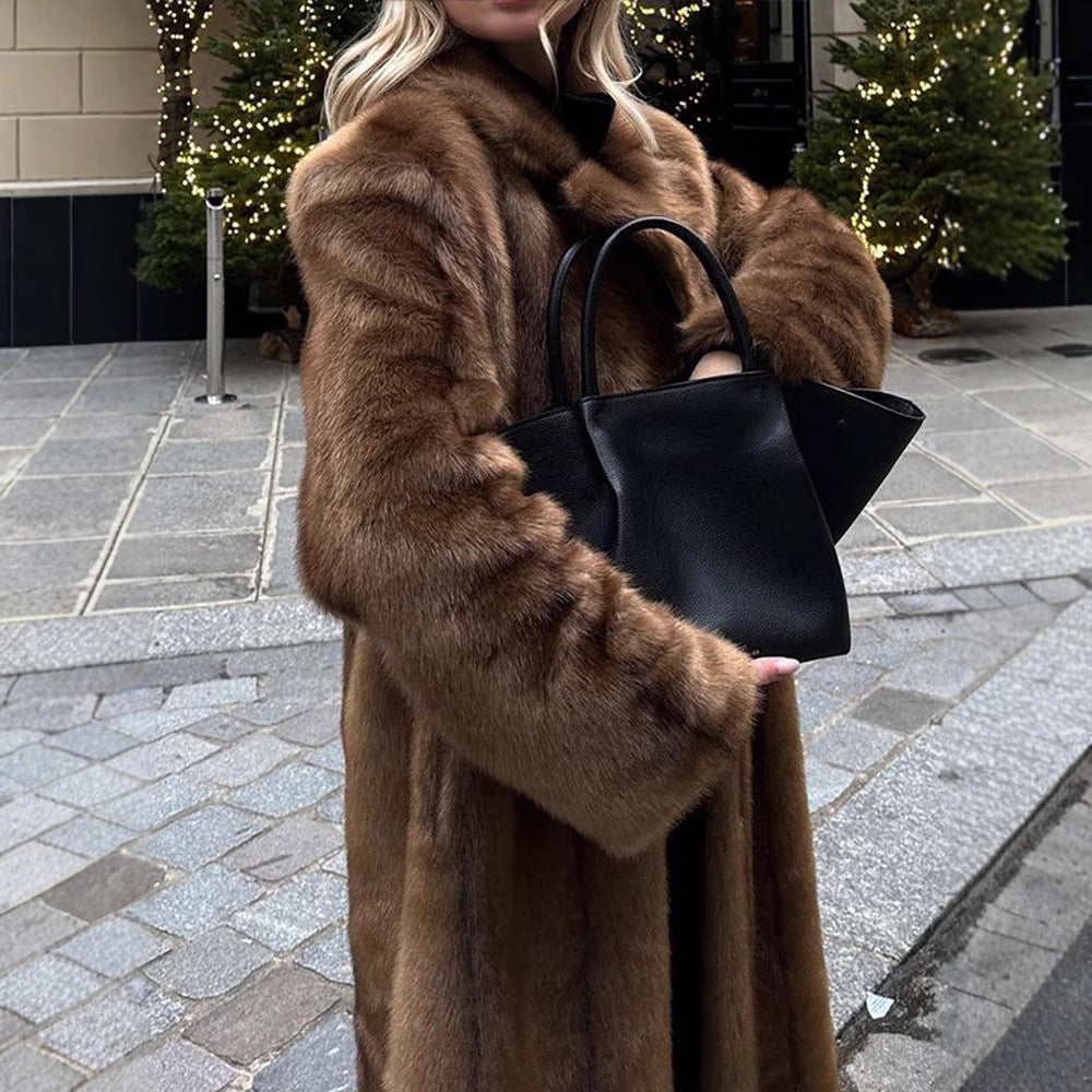 Women's Long Faux Fur Coat with Wide Lapel and Casual Fit