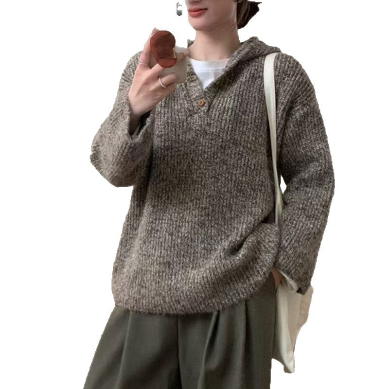 Women's Comfortable Knit Sweater with Button Placket and Hood