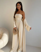Women's Elegant 3-Piece Set with Wide-Leg Trousers and Fitted Top