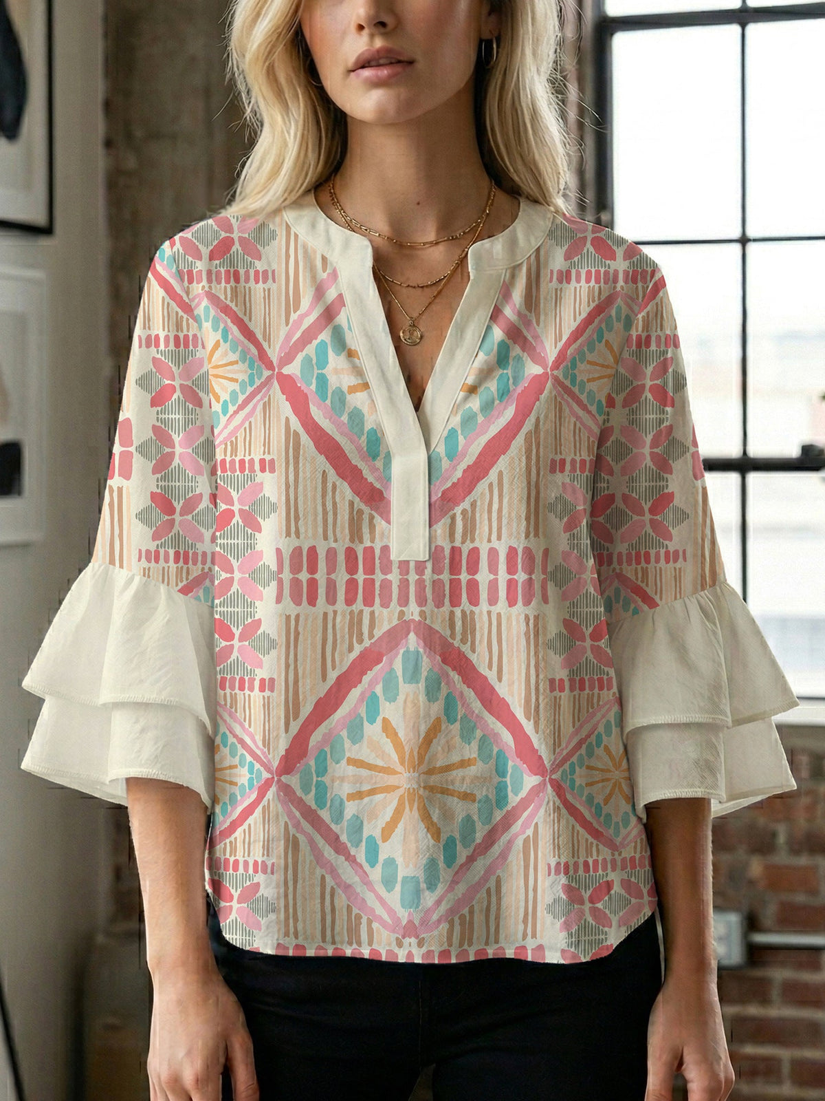 Women's Blouse with Voluminous Ruffle Sleeves and Modern Print