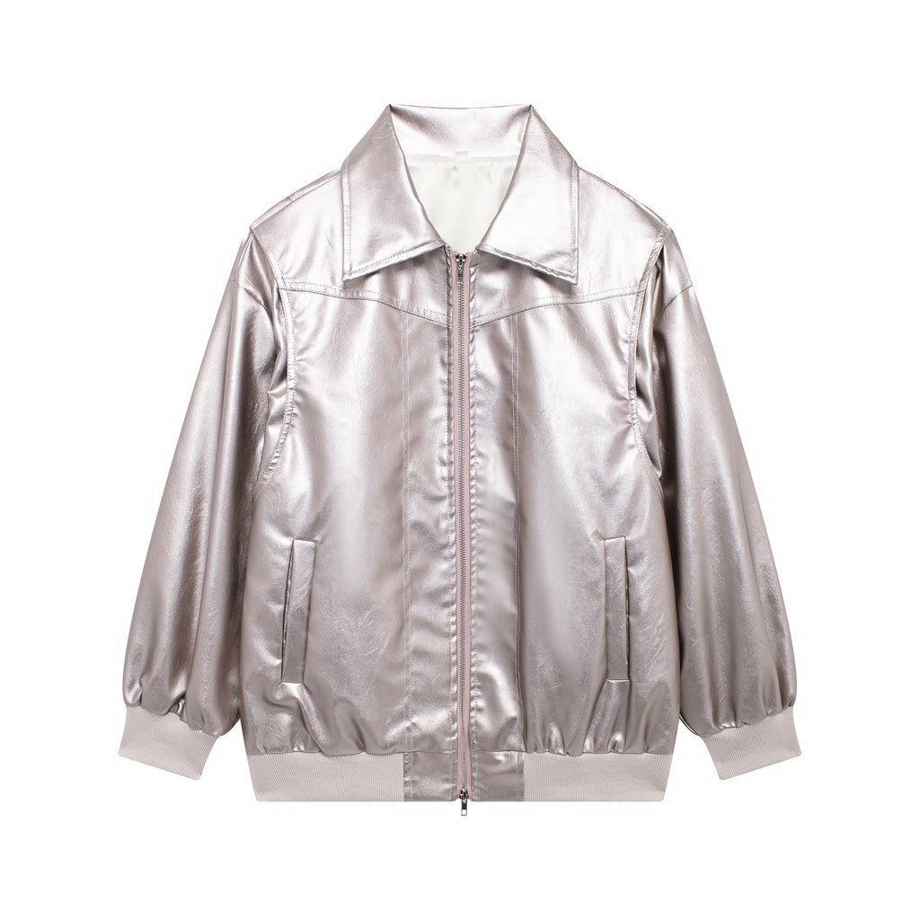 Women's Elegant Faux Leather Jacket with High Collar and Elastic Cuffs