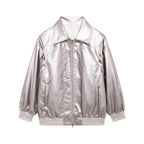 Women's Elegant Faux Leather Jacket with High Collar and Elastic Cuffs