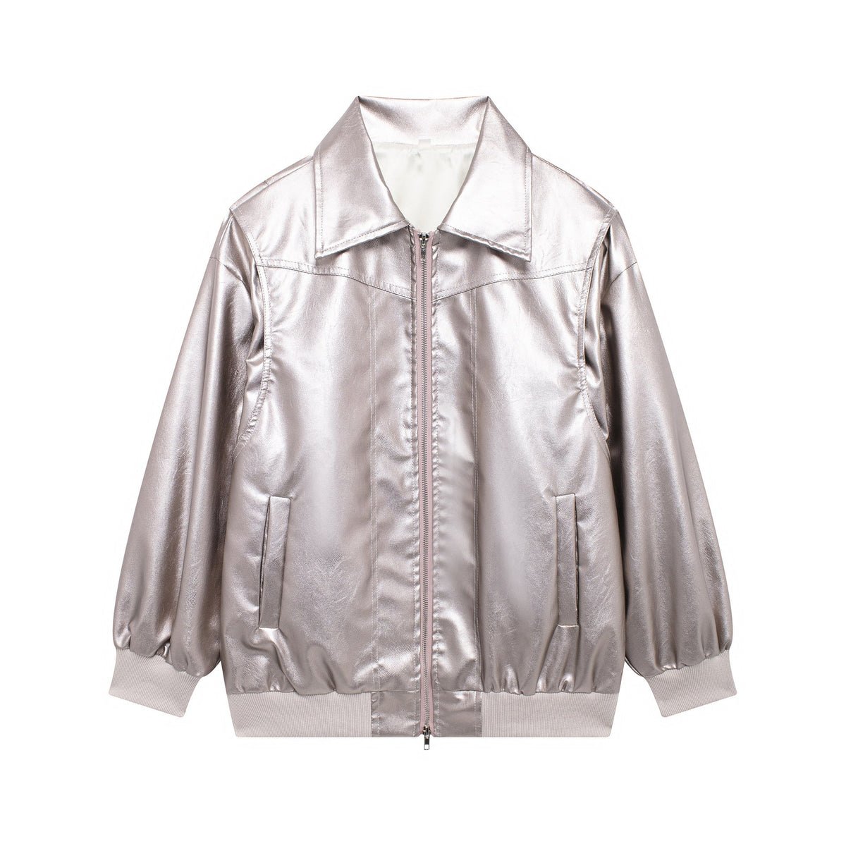 Women's Elegant Faux Leather Jacket with High Collar and Elastic Cuffs