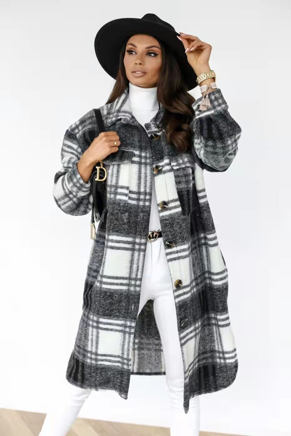 Women's Plaid Oversized Shirt Coat with Pockets