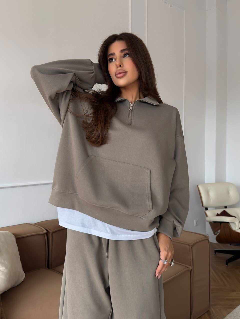 Women's Half-Zip Lounge Set with Hoodie and Wide-Leg Pants