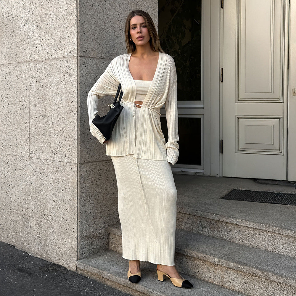 Women's Elegant Knit Ensemble with Crop Top and Maxi Skirt