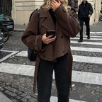 Women's Fashionable Short Trench Coat with Spacious Flap Pockets and Tailored Fit