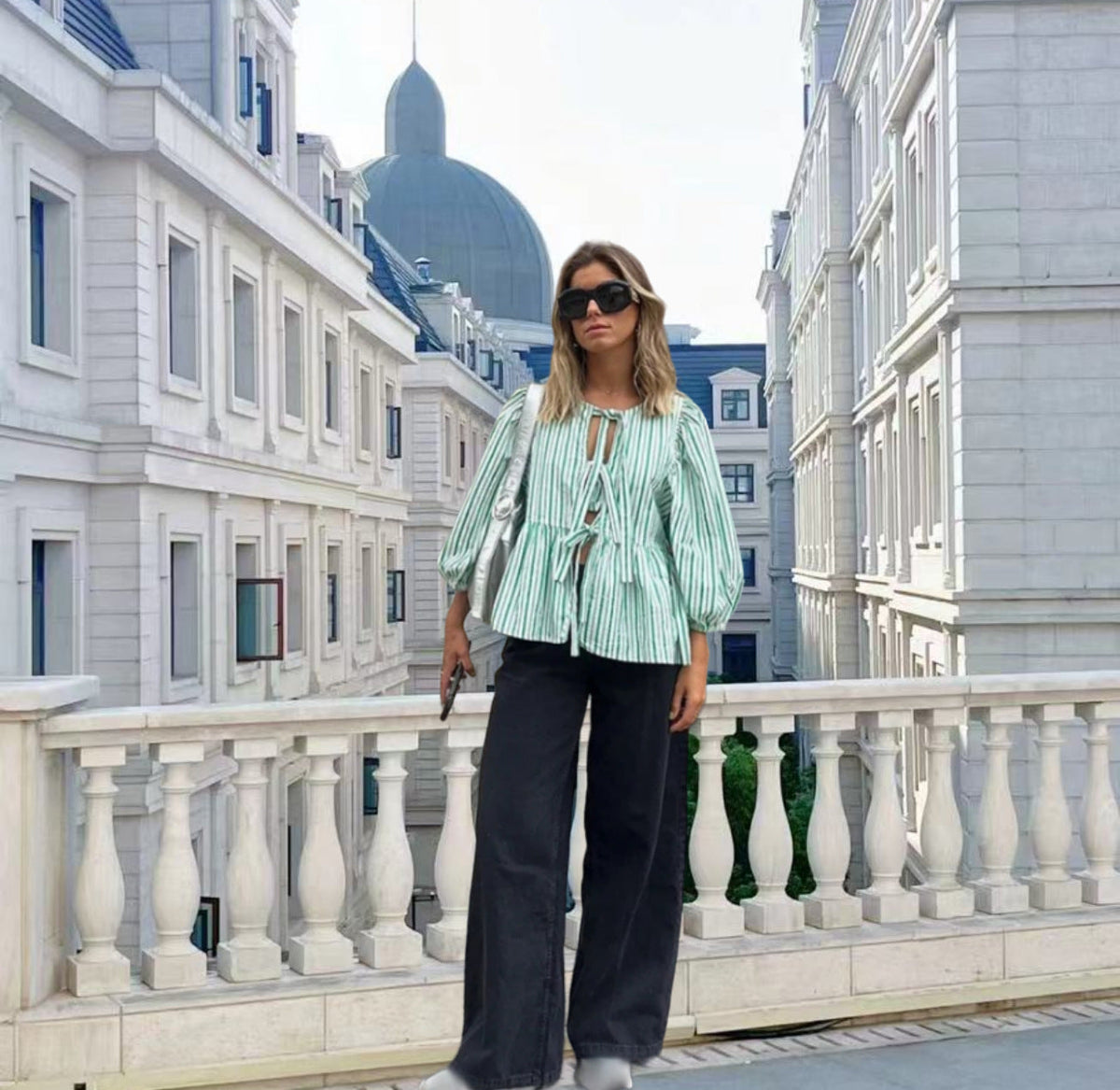 Women's Airy Plaid Blouse with Creative Cut-Out