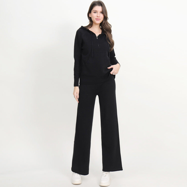 Women's Casual Knit Loungewear Set with Hood and Wide Leg