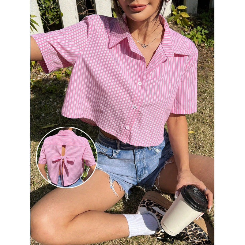 Women's Short-Sleeve Shirt with Tie Belt and Back Cutout
