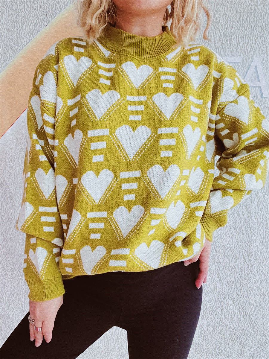 Women's Knit Sweater in Modern Heart Design with Wide Cut