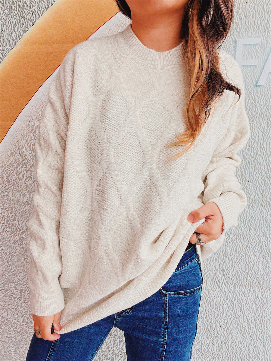 Women's Chunky Knit Sweater with Diamond Pattern and Voluminous Sleeves