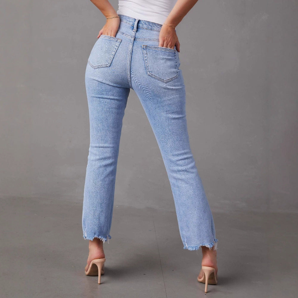 Women's Flared Jeans with Frayed Hems and Distressed Effect