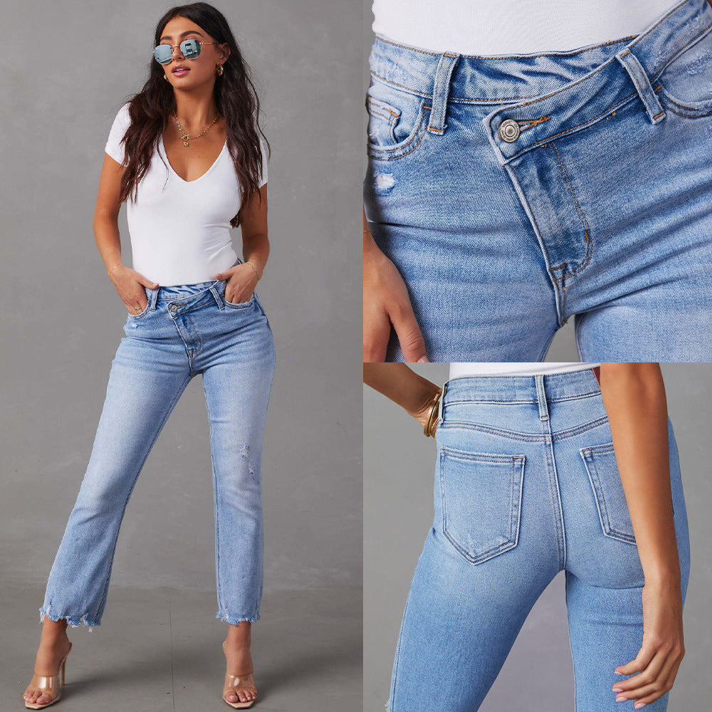 Women's Flared Jeans with Frayed Hems and Distressed Effect