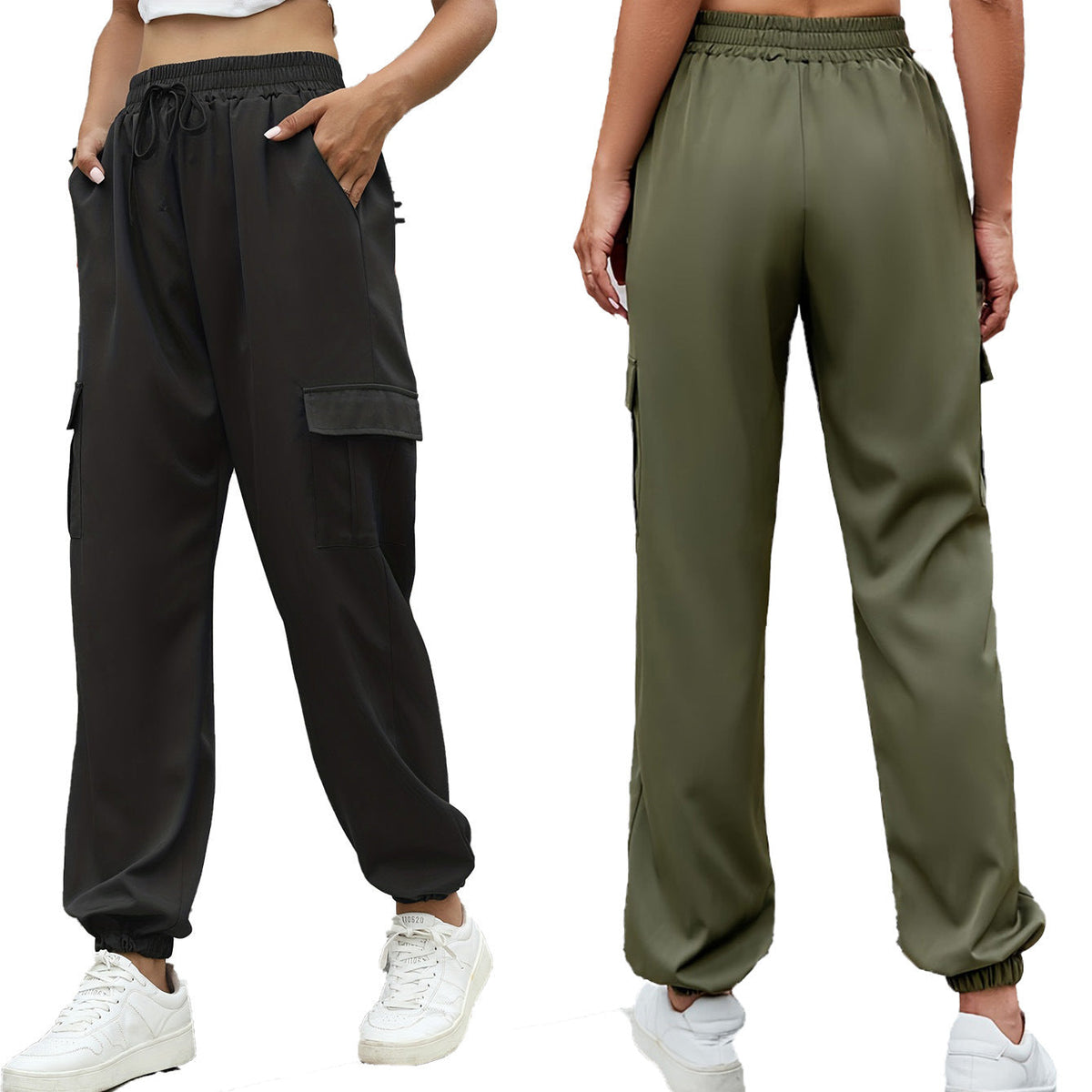 Women's Comfortable Cargo Pants with Elastic Waist and Side Pockets