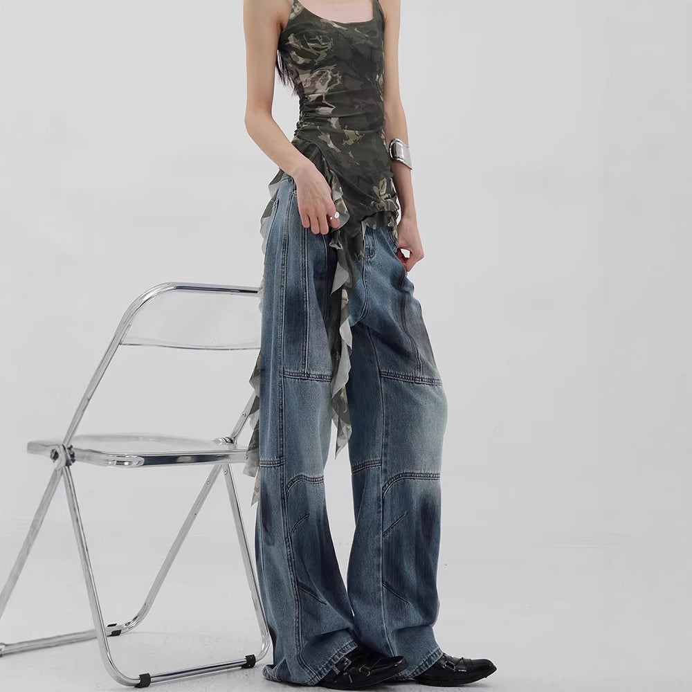 Women's Comfortable Wide-Leg Jeans with Fashionable Stitching
