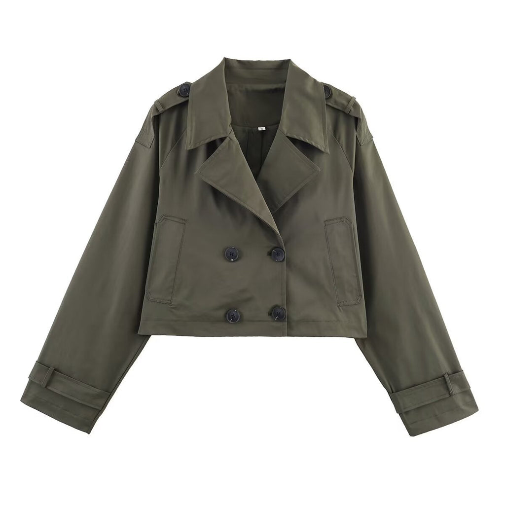 Women's Cropped Trench Coat with Double-Breasted Button Placket