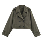 Women's Cropped Trench Coat with Double-Breasted Button Placket
