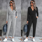 Women's Casual Long-Sleeve Wrap Jumpsuit with Elastic Waist