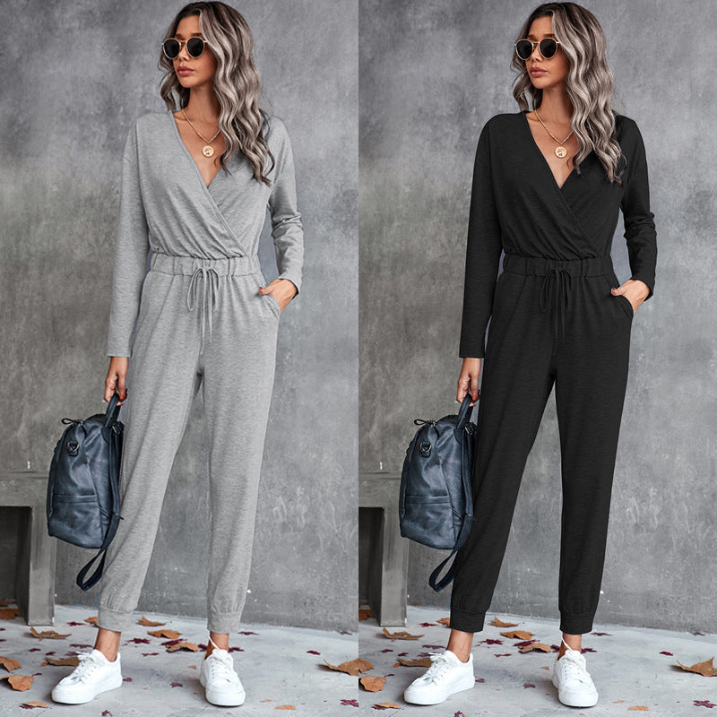 Women's Casual Long-Sleeve Wrap Jumpsuit with Elastic Waist