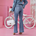 Women's Denim Shirt with Ruffles and Bow Details